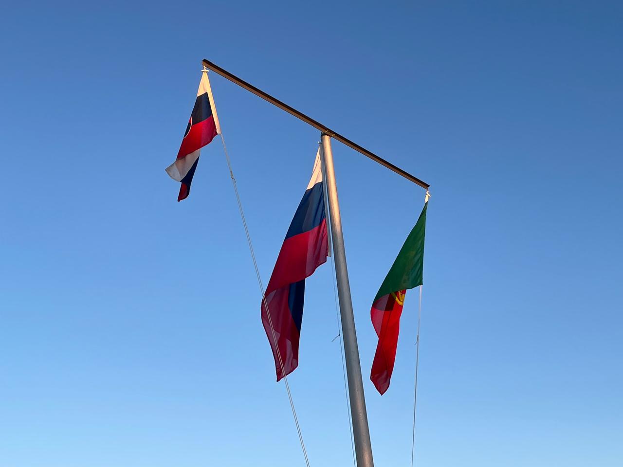 Competing nations flags against a clear sky